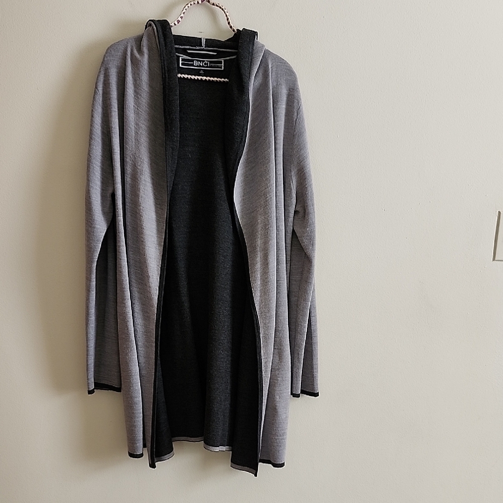 BNCI Blanc Noir Gray Knit Hooded Cardigan Pockets Long Sleeve Wool Blend XL